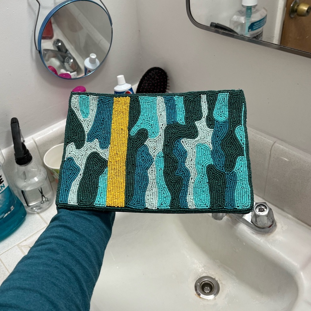 Ink and Alloy Beaded Teal & Yellow Women's Clutch Bag